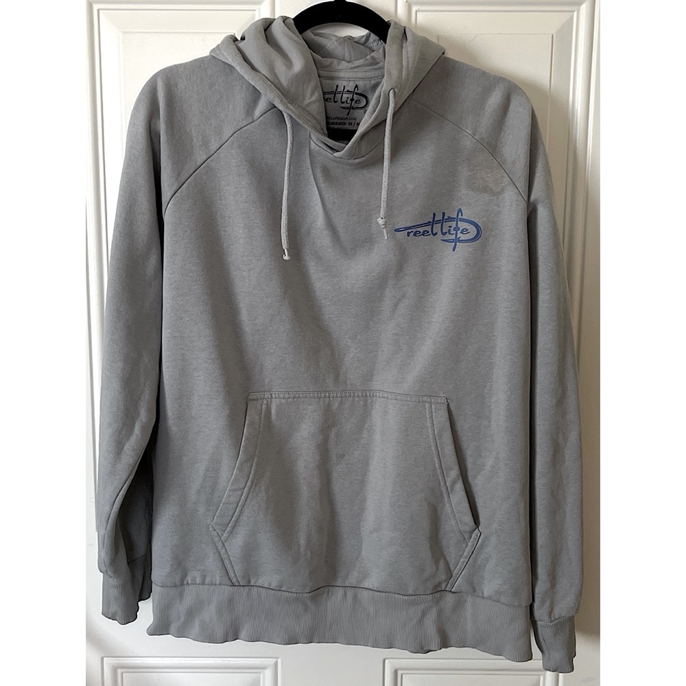 Reel Life Men’s Medium Gray & Blue Graphic Hoodie.